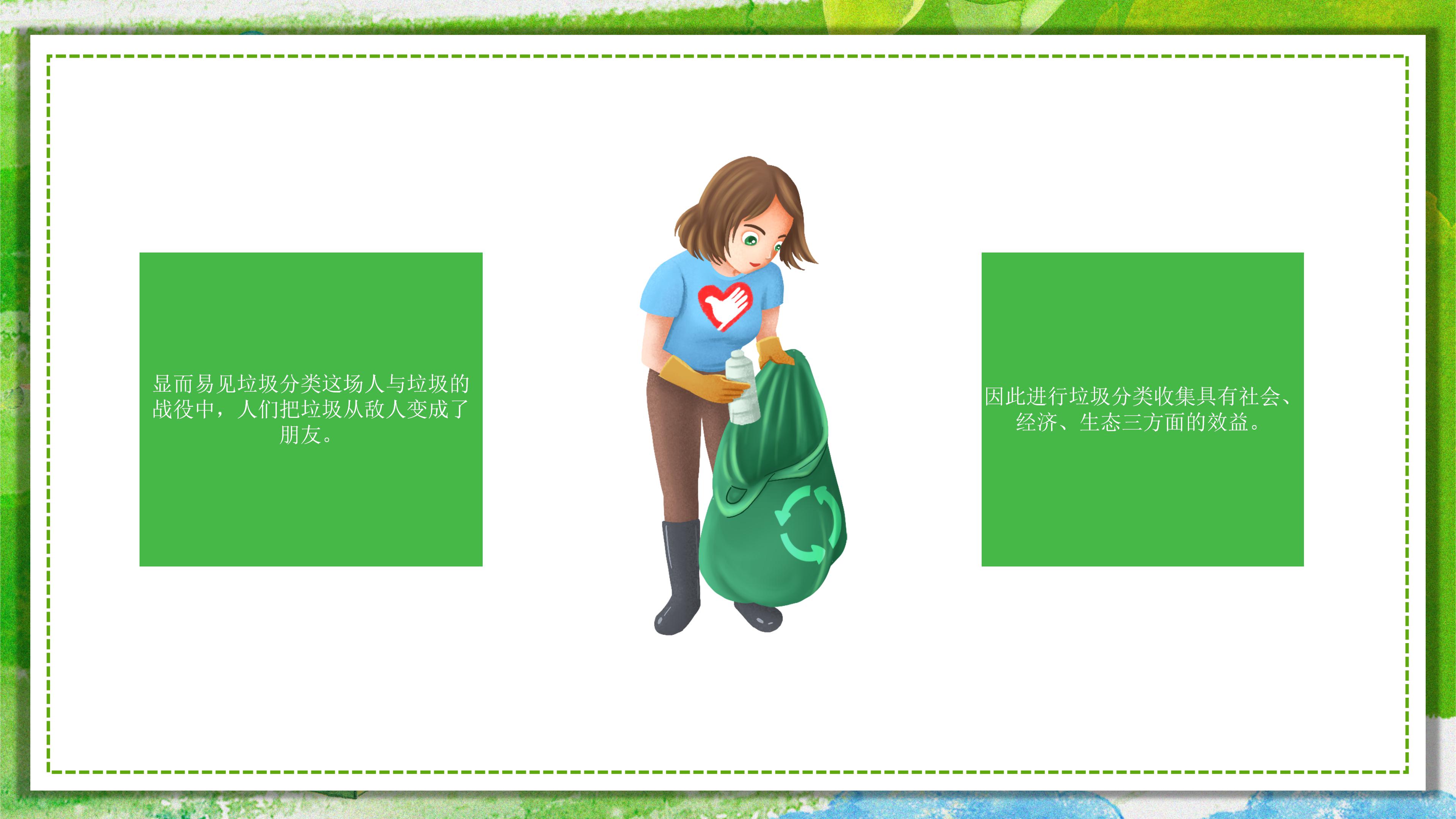 绿色清新水彩卡通风背景垃圾分类环保宣传PPT模板