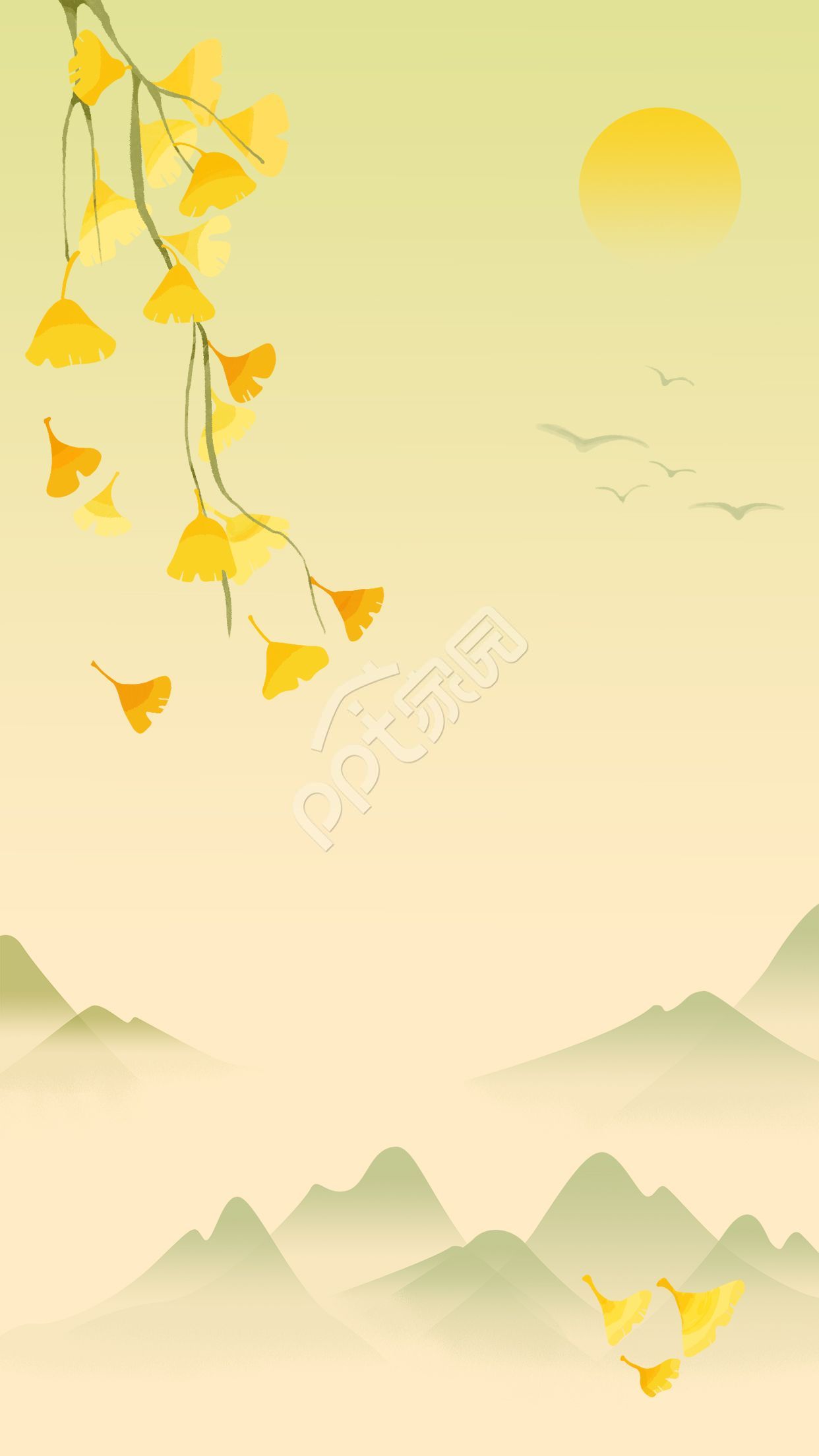 金黄色古风山水画PPT背景图片