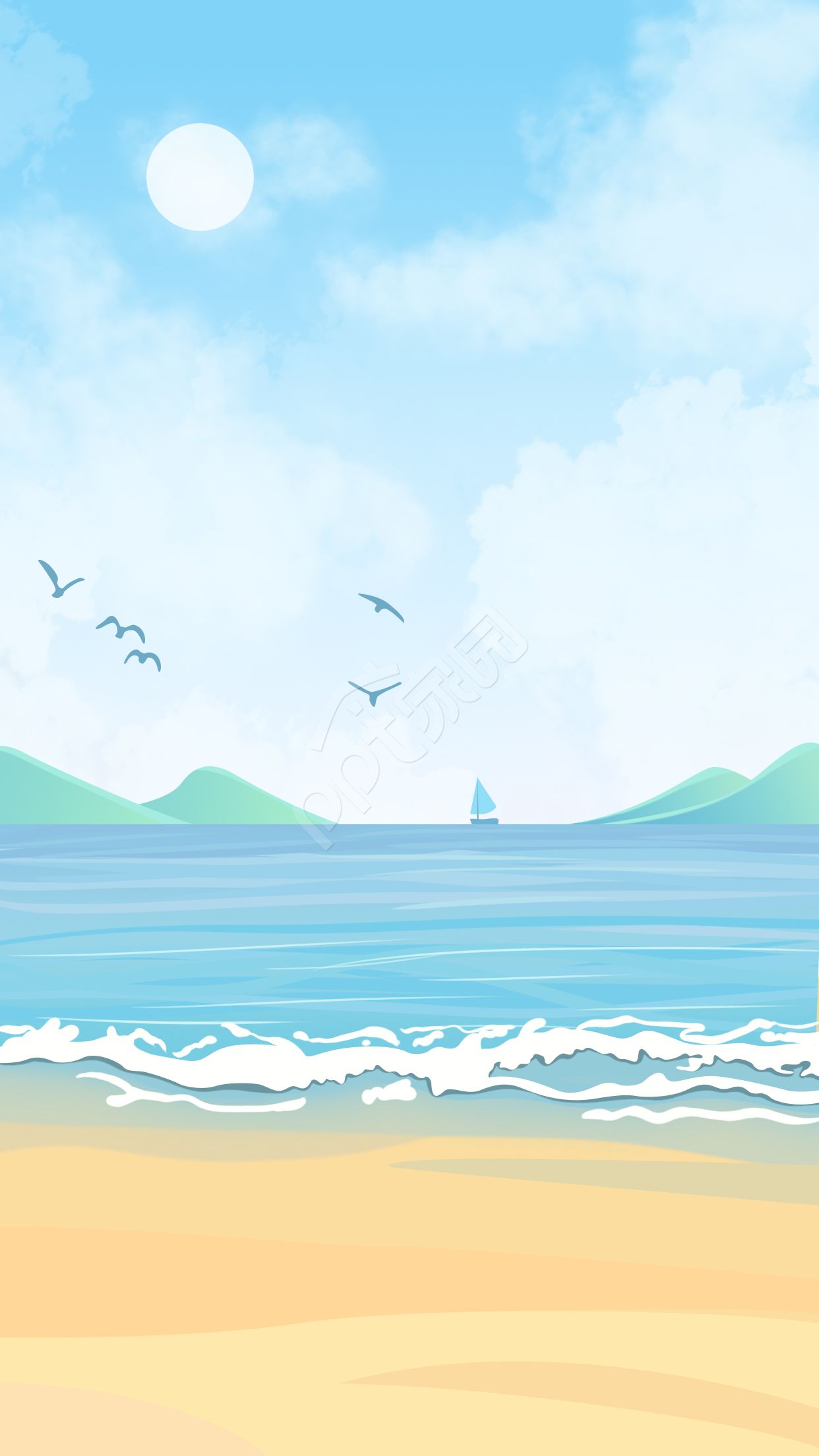 蓝色海滩清凉PPT图片背景