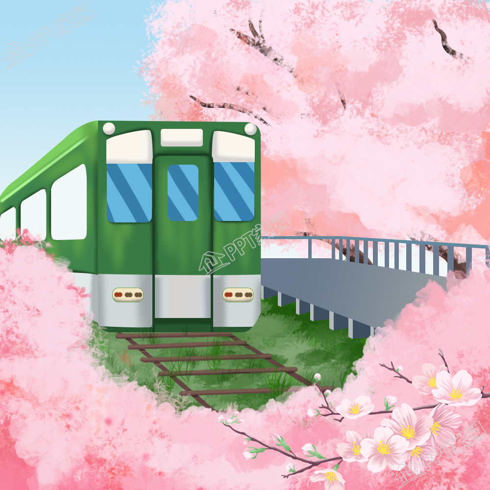 手绘浪漫火车上赏樱花插画素材