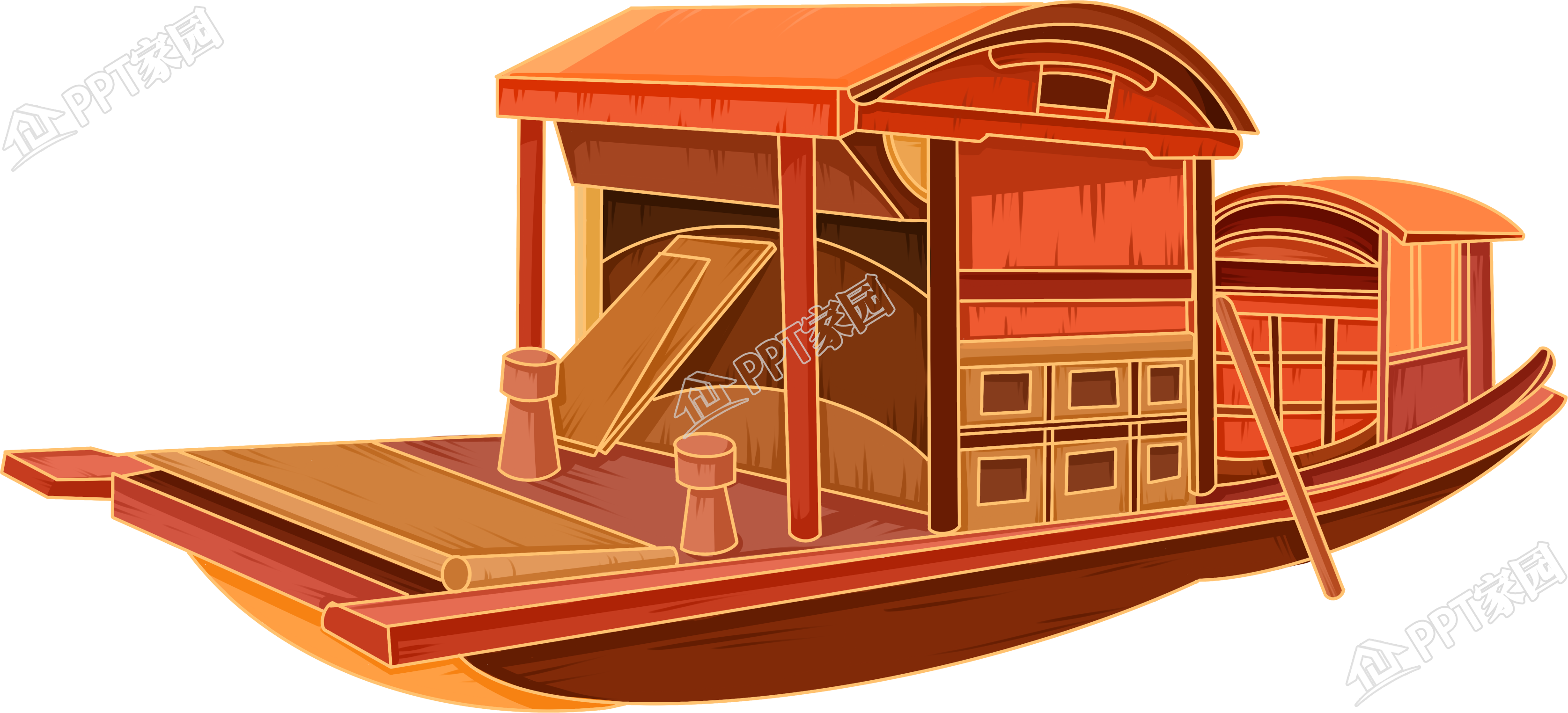 手绘插画风格红色木船交通运输素材