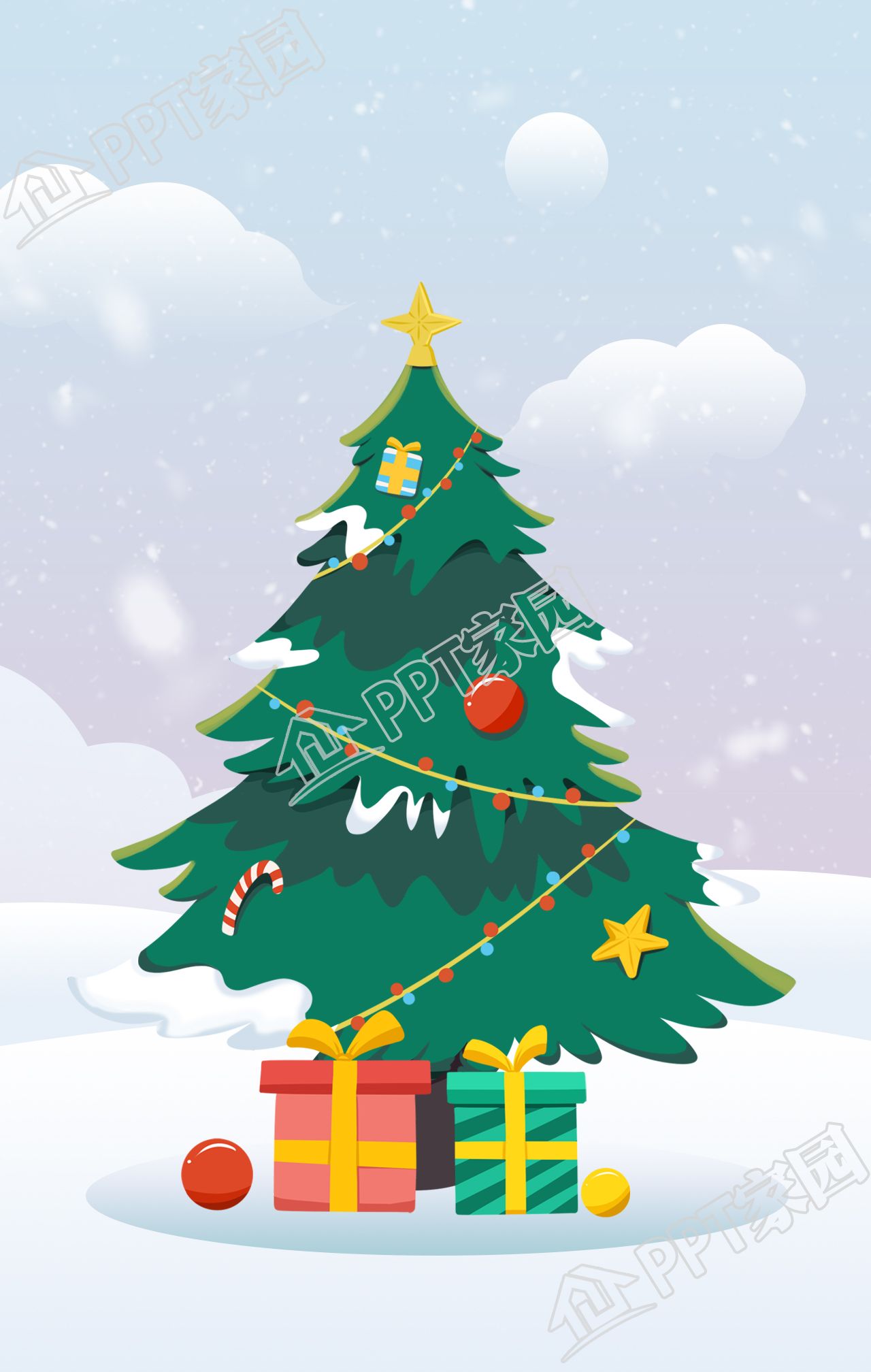 手绘插画风格雪景圣诞树礼物背景图片素材