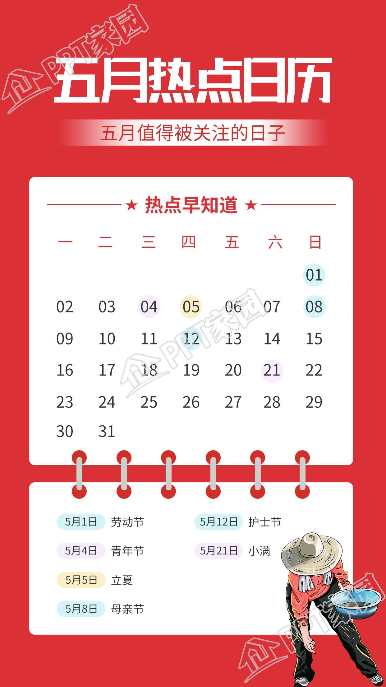 红色劳动节五月热点日历手机海报
