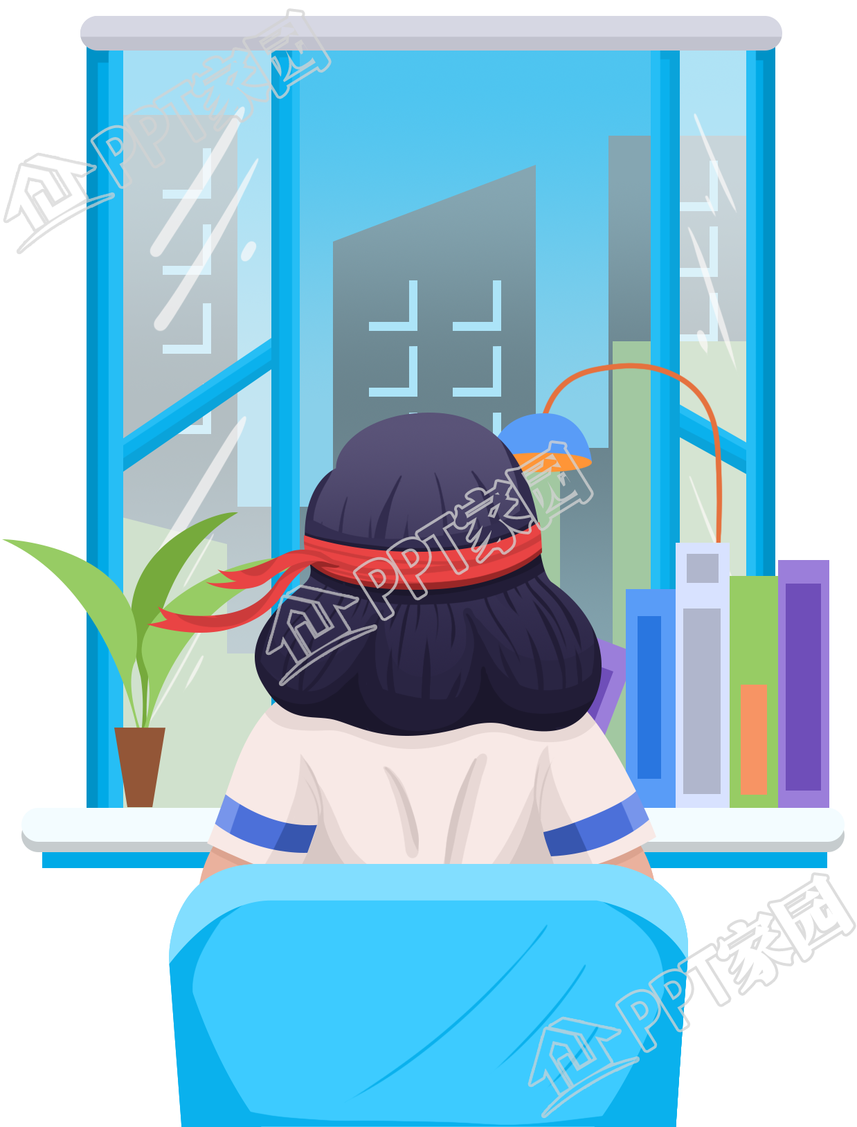 努力女生学习背影图片卡通手绘免抠素材