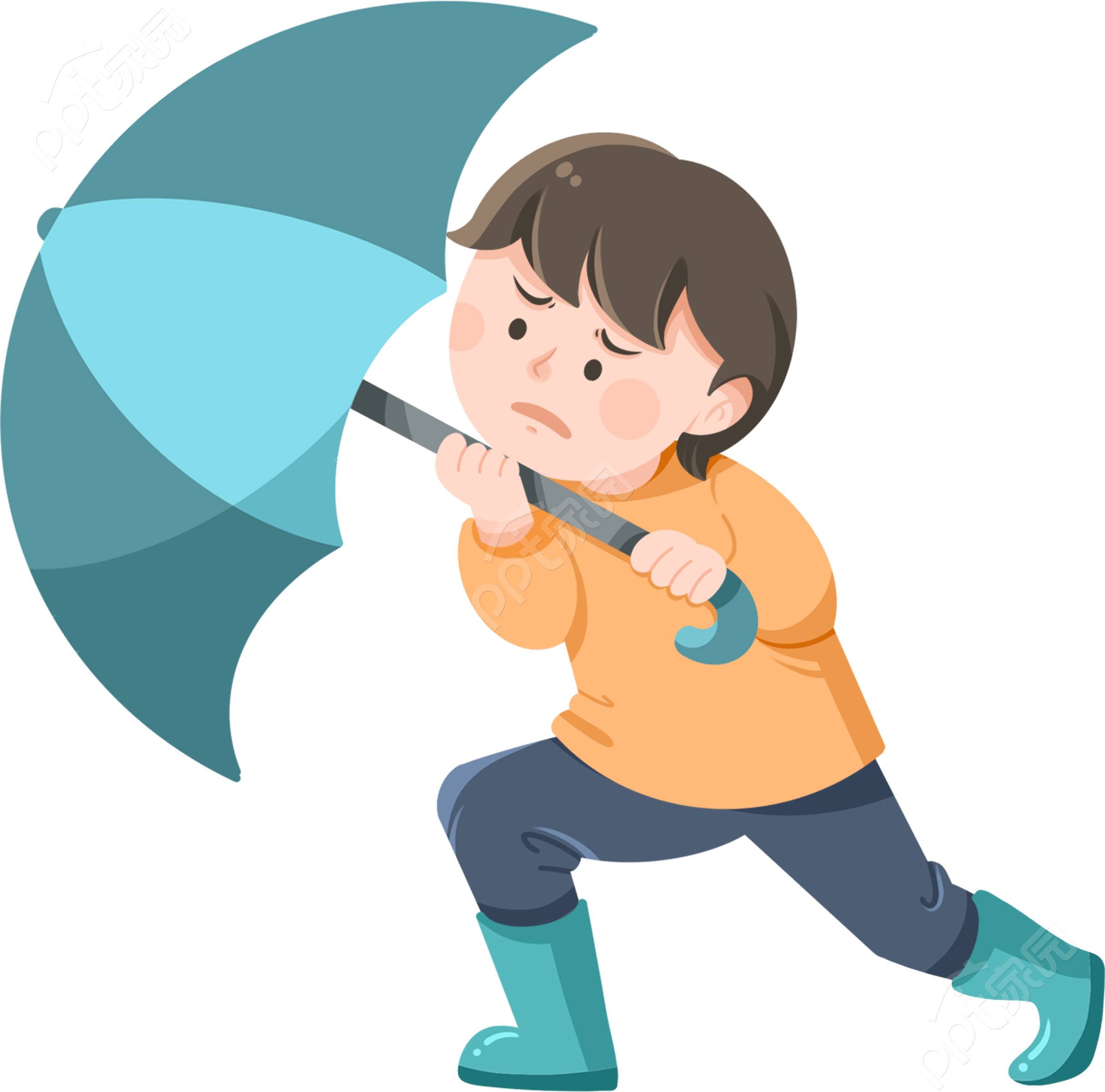 卡通手绘人物男孩恶劣天气安全撑伞透明底免抠图片素材