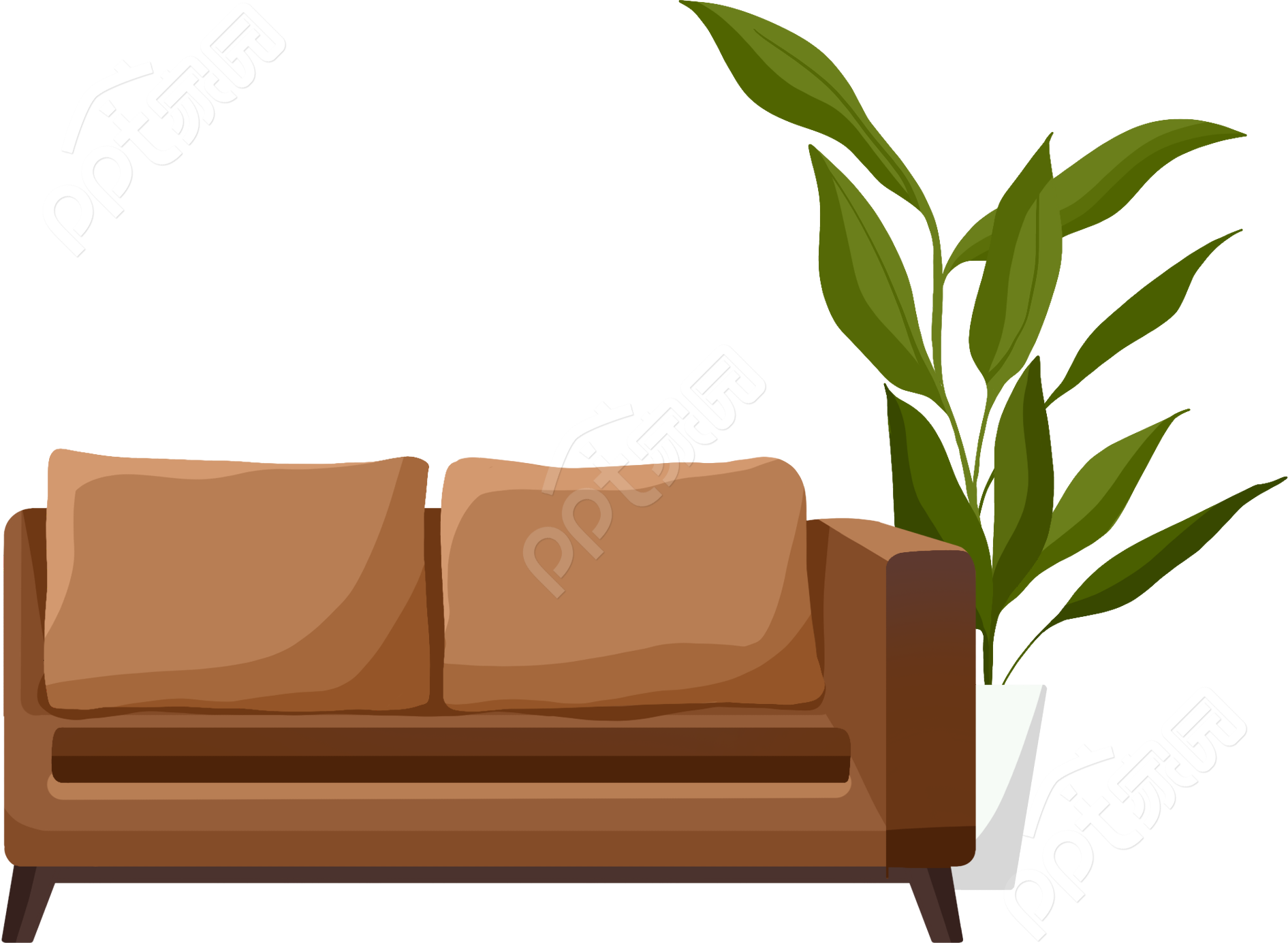简约手绘棕色双人沙发绿植盆栽图片免抠素材