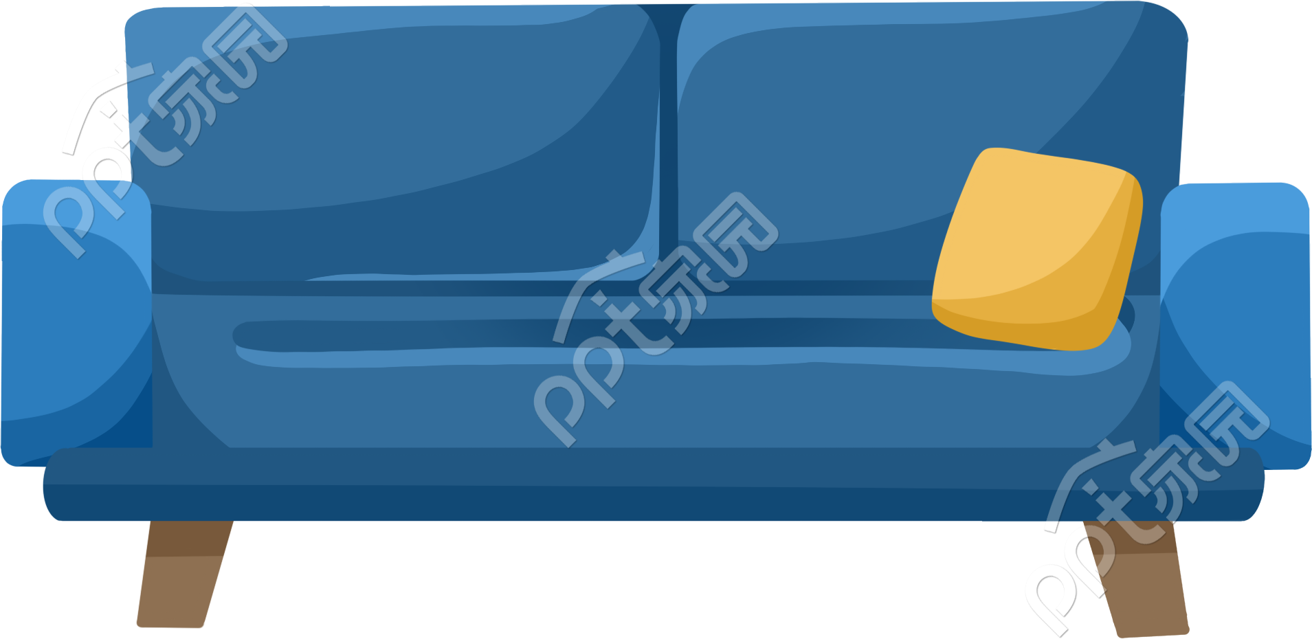 手绘简约蓝色矮脚沙发黄色抱枕图片免抠素材
