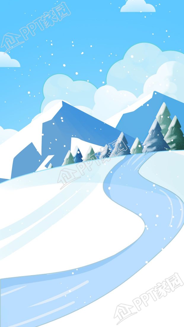 手绘下雪雪山小河滑雪滑道背景图素材