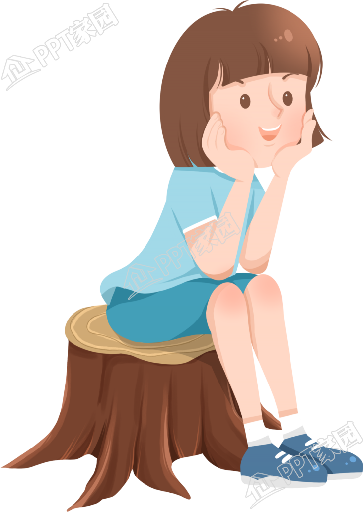 手绘可爱坐树墩的女生人物图片素材