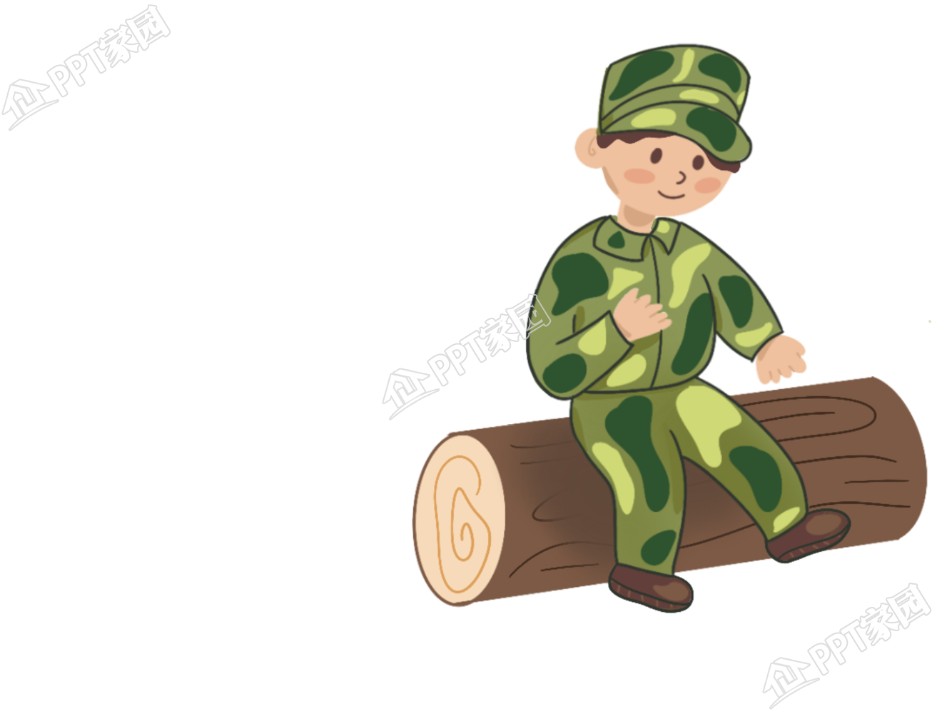 插画手绘穿迷彩服坐木桩的男生图片素材