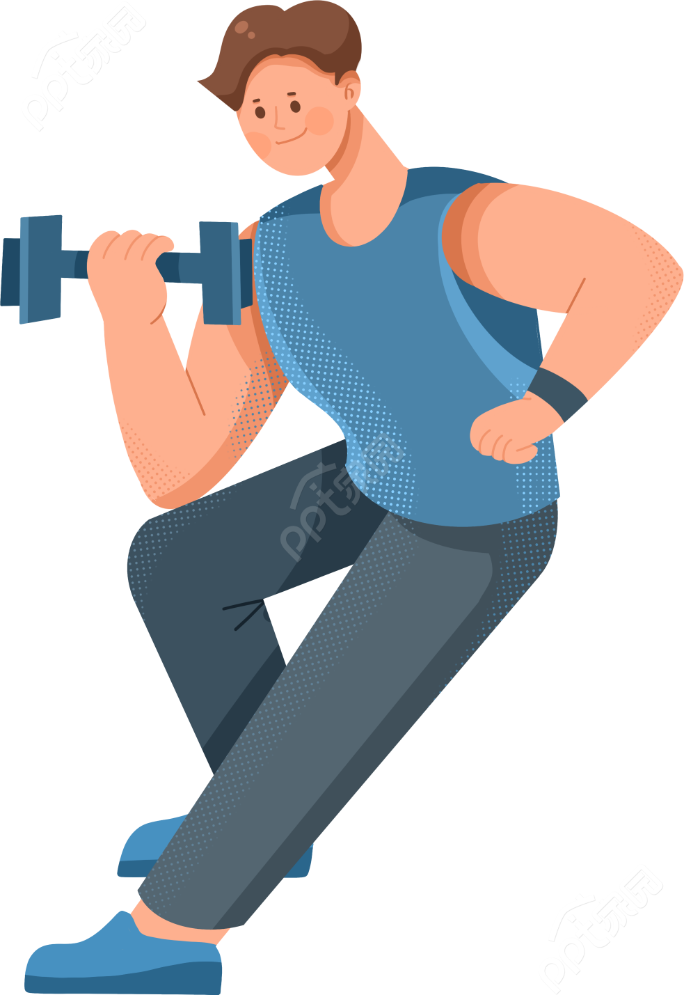 卡通手绘男生人物暑期锻炼健身计划举哑铃透明免抠素材