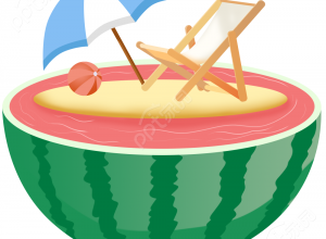 卡通手绘暑期渡假娱乐活动西瓜海洋上的躺椅排球透明底背景图片素材下载推荐