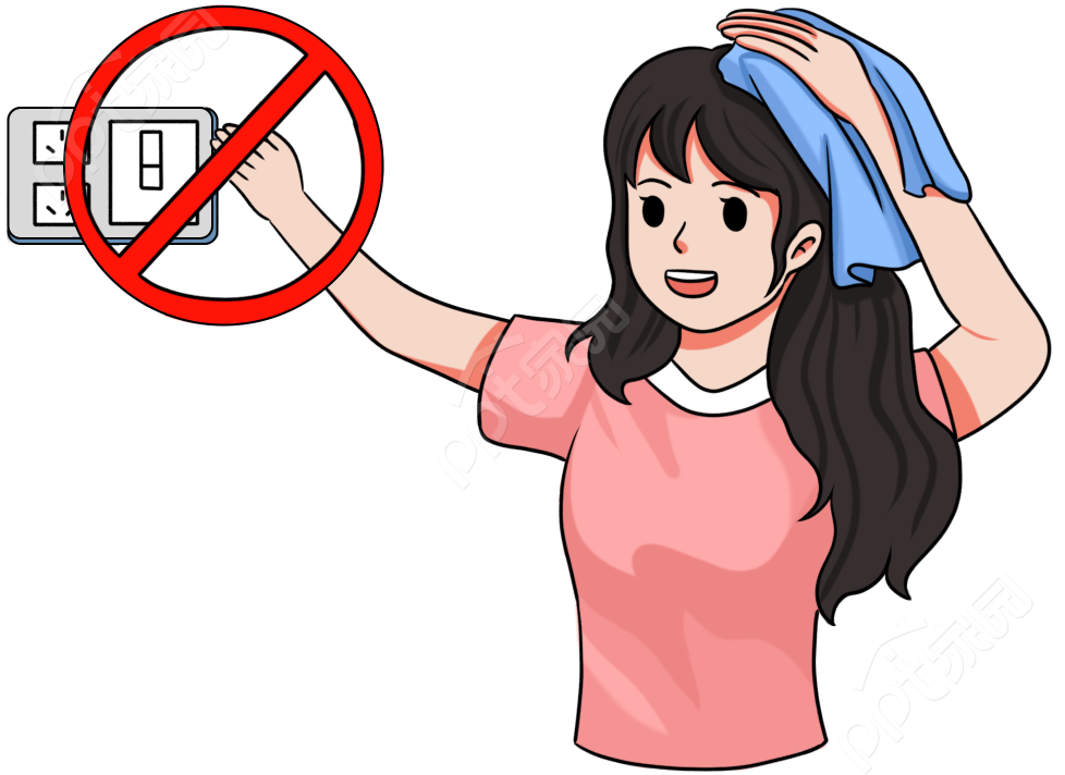 卡通手繪女生人物觸摸電源用電安全警示矢量圖片素材